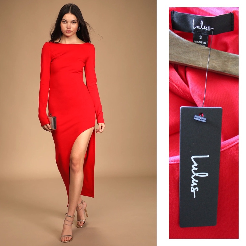 Lulus NWT Dreaming About You Red Long Sleeve Slit Maxi Dress Small